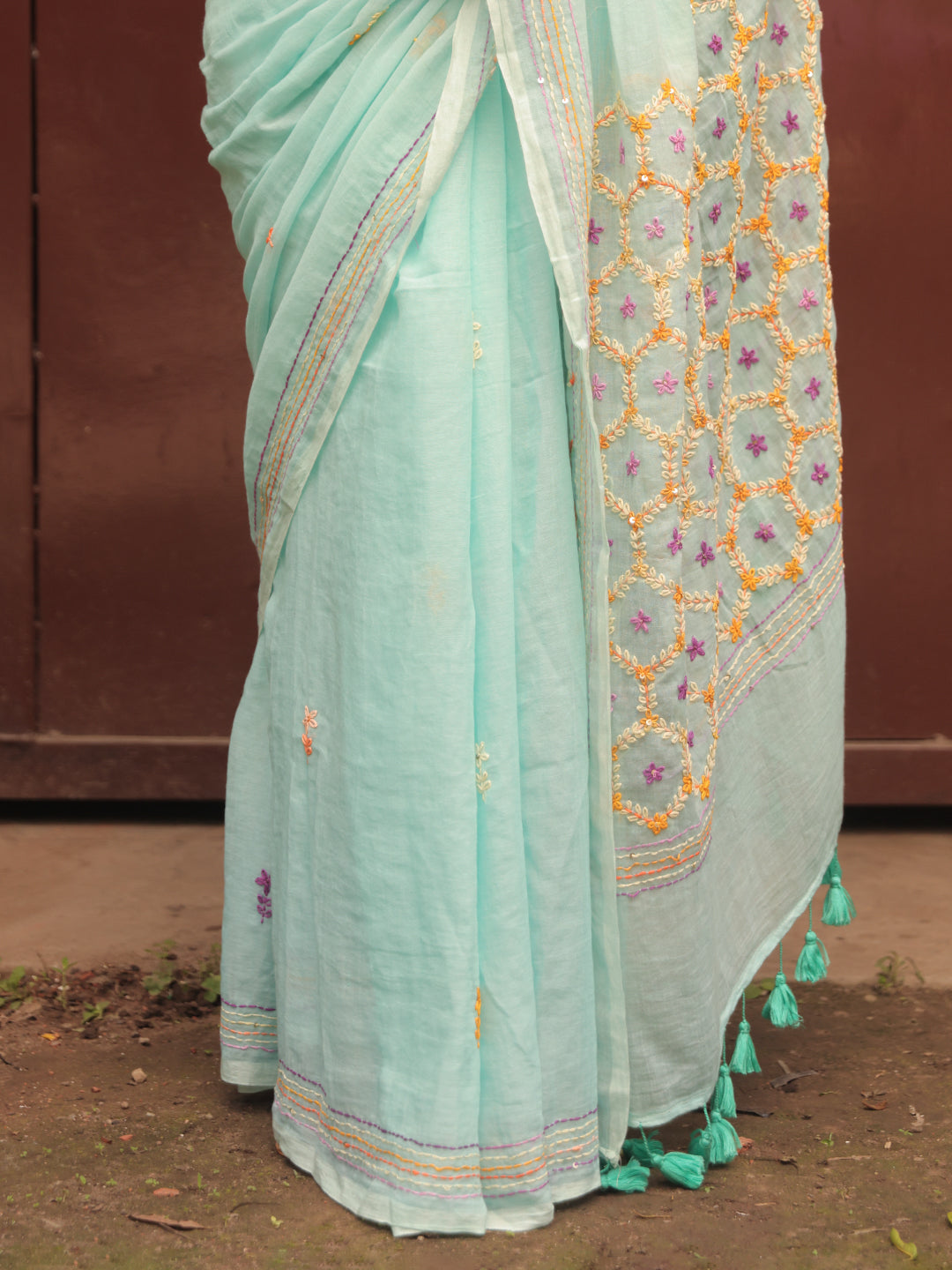 Hand Embroidered Sea Green Mulmul Cotton Saree