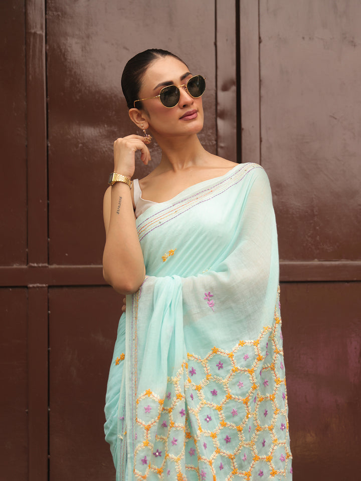 Hand Embroidered Sea Green Mulmul Cotton Saree