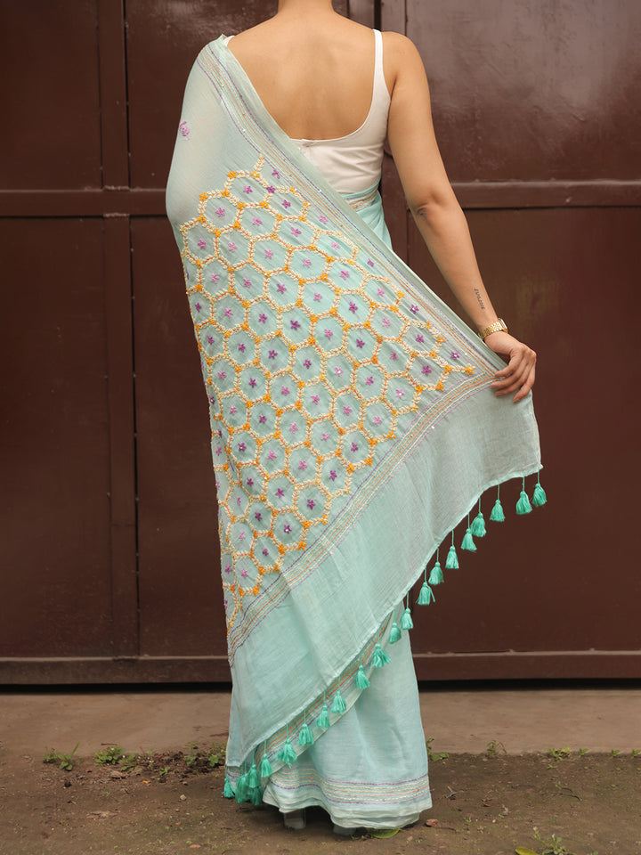 Hand Embroidered Sea Green Mulmul Cotton Saree