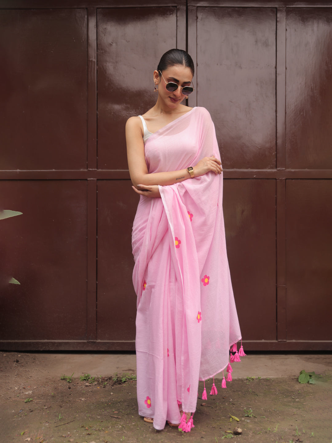 Soft Pink Mulmul Cotton Saree