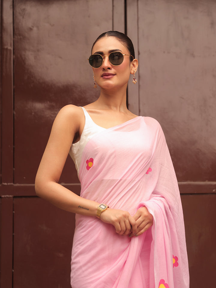 Soft Pink Mulmul Cotton Saree