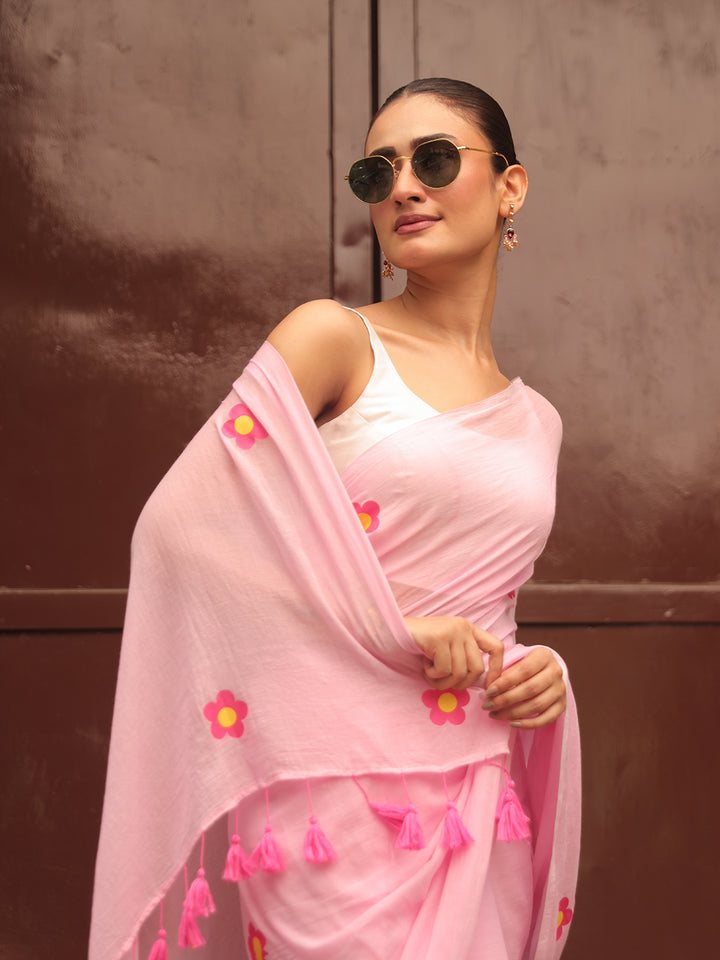 Soft Pink Mulmul Cotton Saree