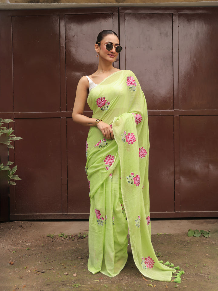 Light Green Mulmul Cotton Saree