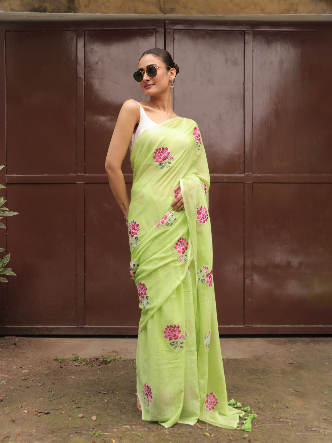 Light Green Mulmul Cotton Saree