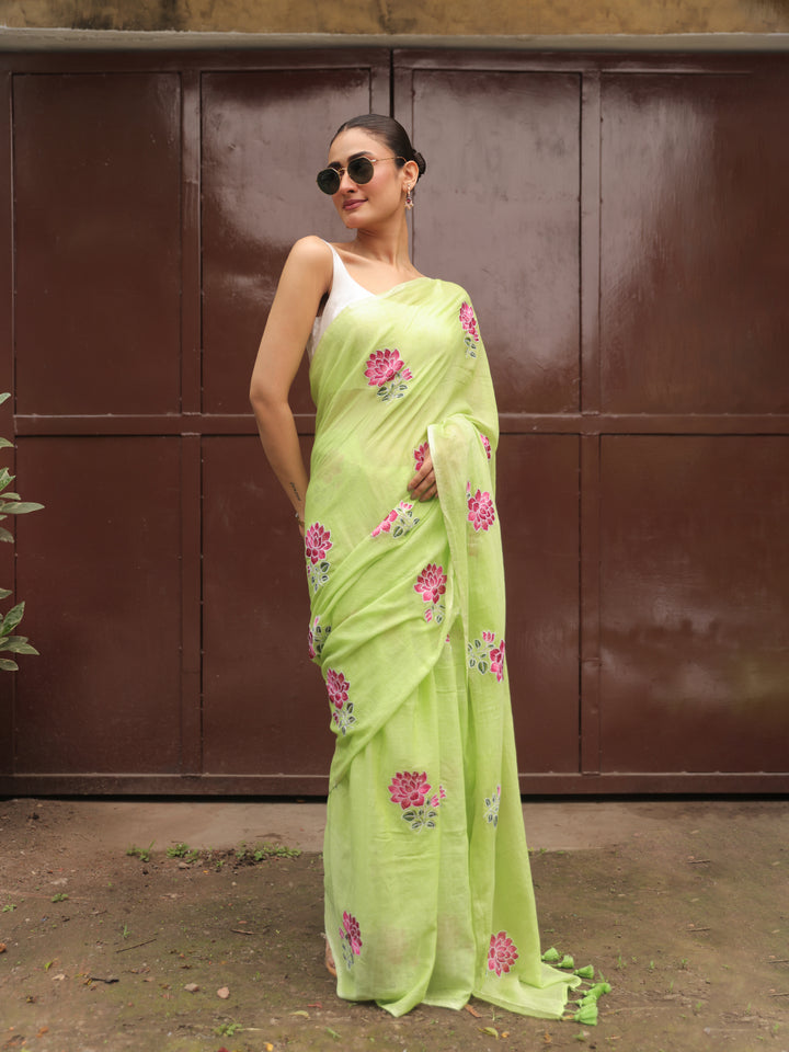 Light Green Mulmul Cotton Saree