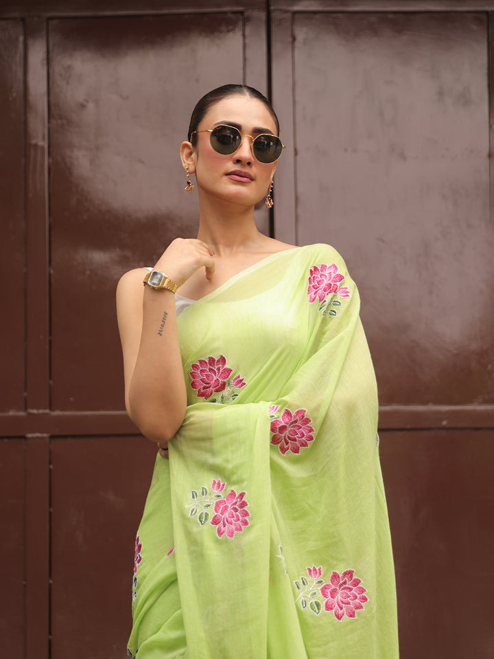 Light Green Mulmul Cotton Saree