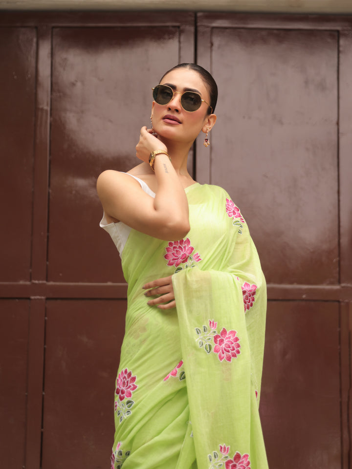 Light Green Mulmul Cotton Saree