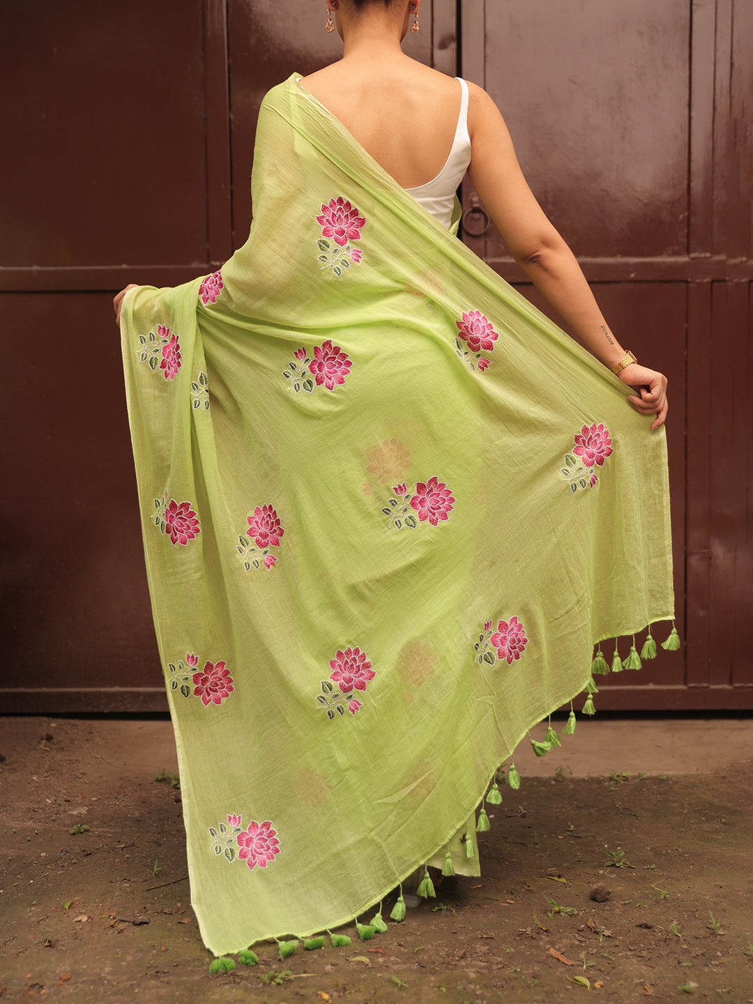 Light Green Mulmul Cotton Saree