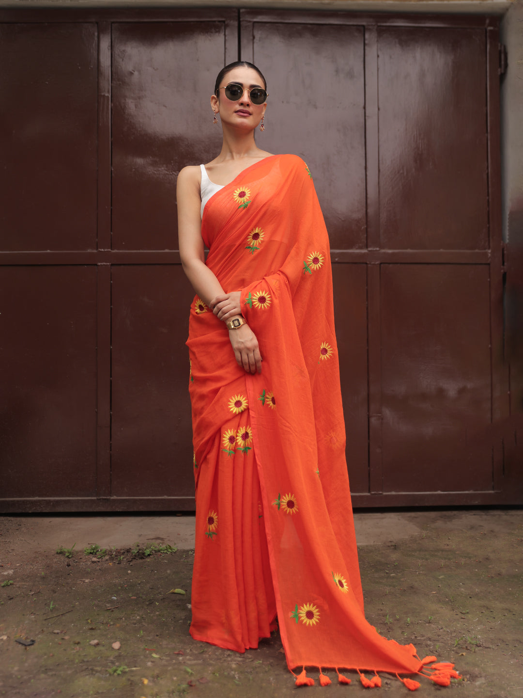 Orange Sunflower Mulmul Cotton Saree