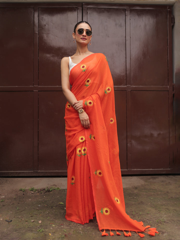 Orange Sunflower Mulmul Cotton Saree