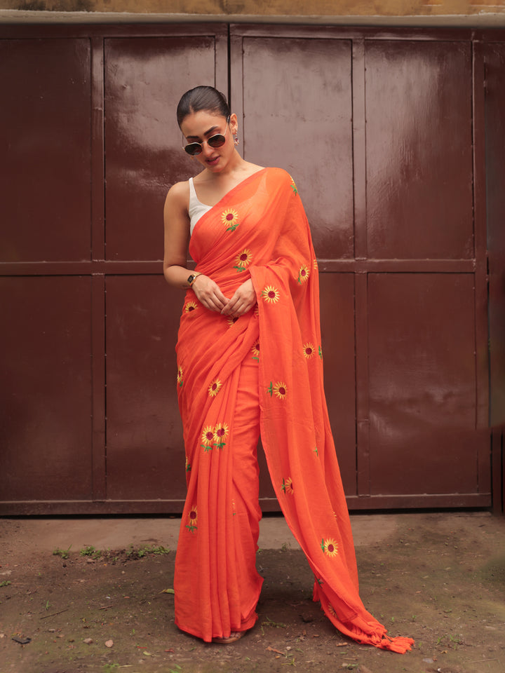 Orange Sunflower Mulmul Cotton Saree