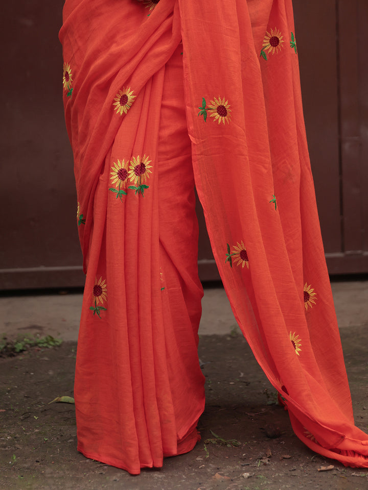 Orange Sunflower Mulmul Cotton Saree