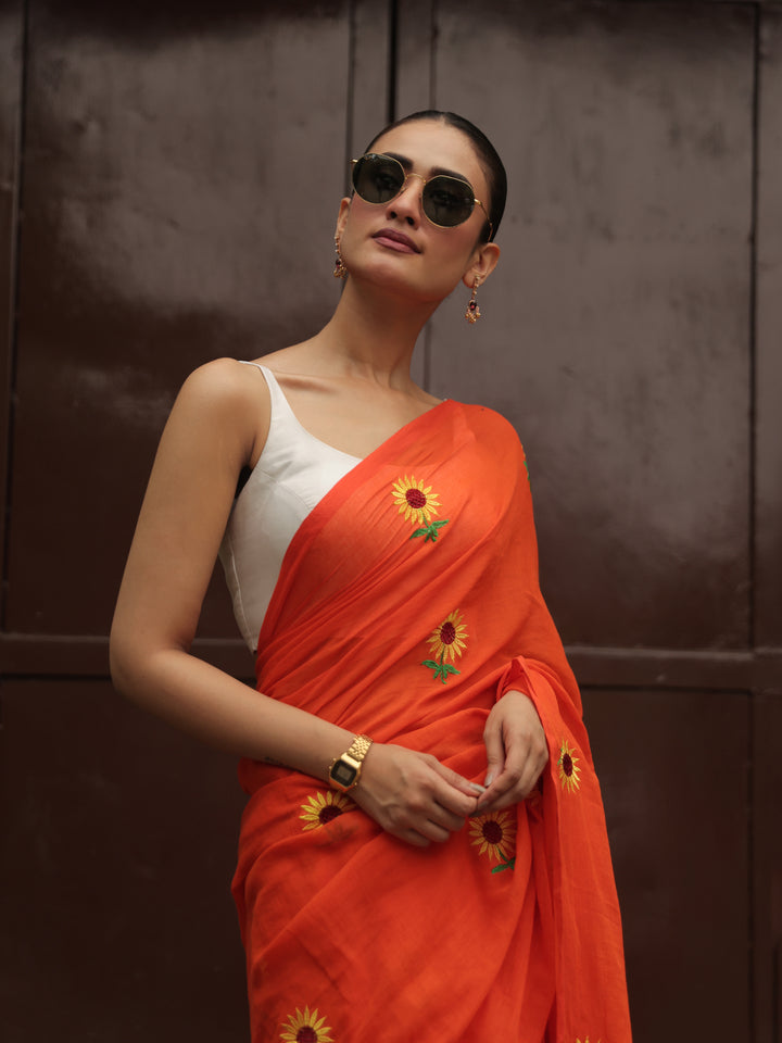 Orange Sunflower Mulmul Cotton Saree