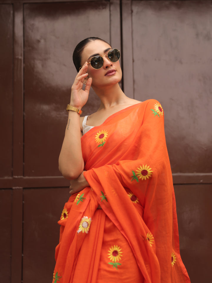 Orange Sunflower Mulmul Cotton Saree