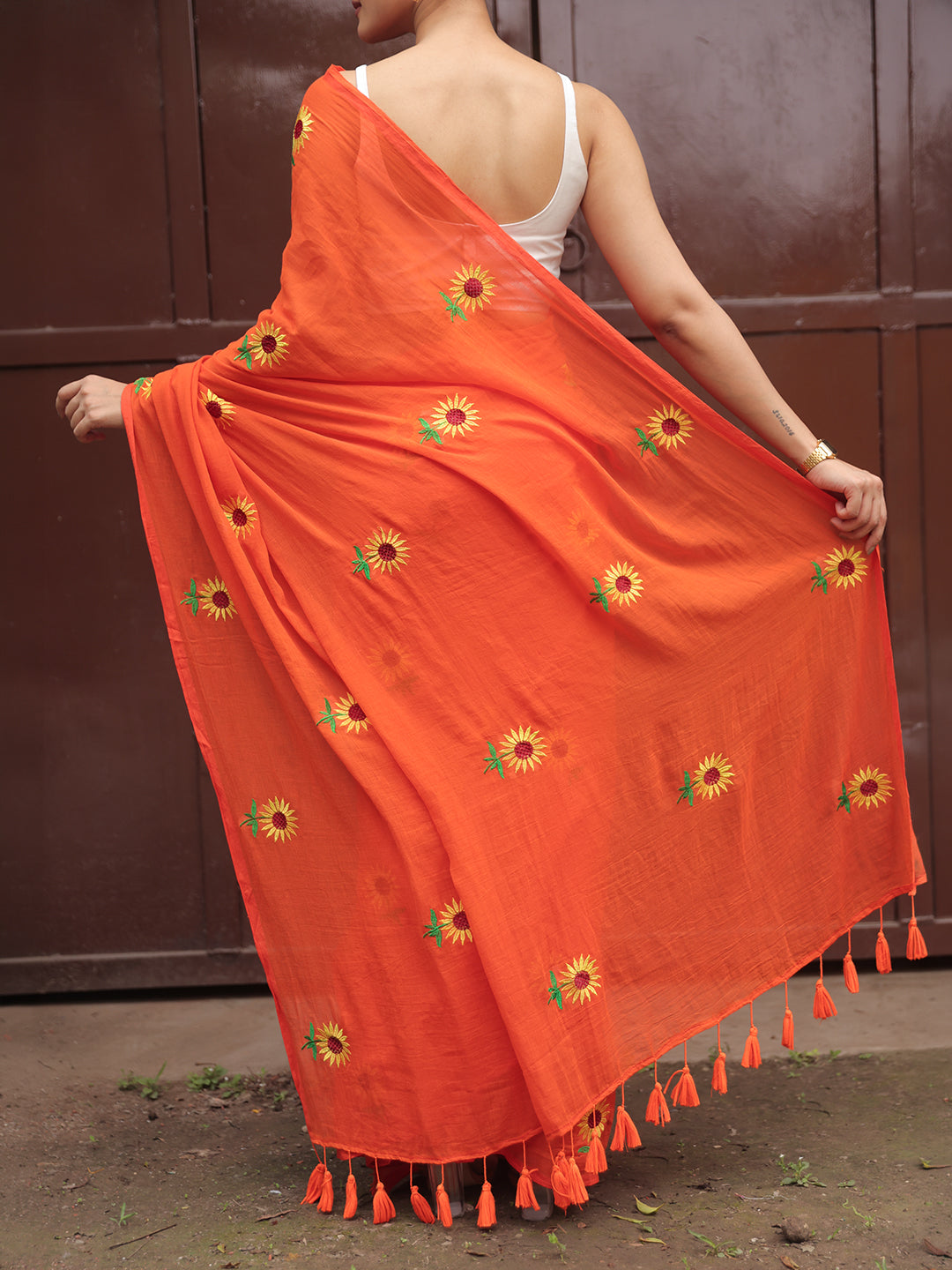 Orange Sunflower Mulmul Cotton Saree
