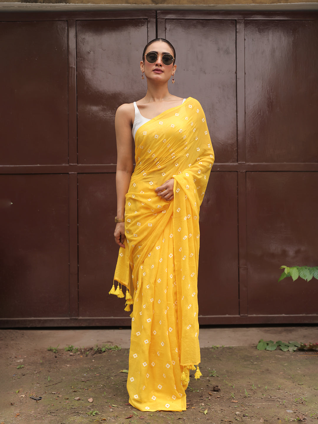 Yellow Mulmul Cotton Saree