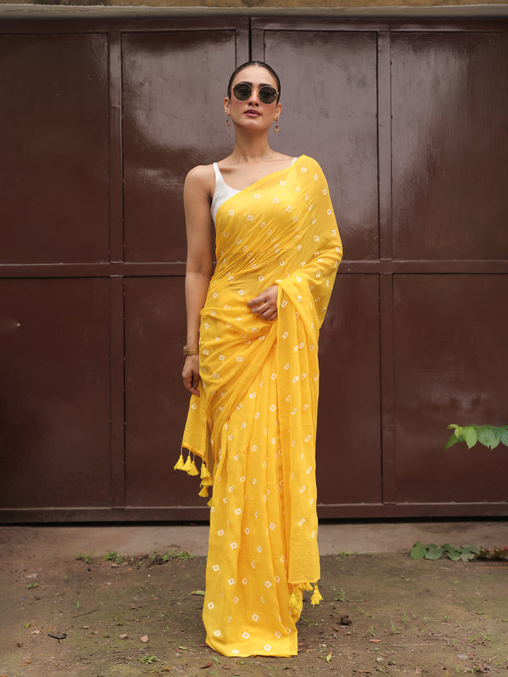 Yellow Mulmul Cotton Saree