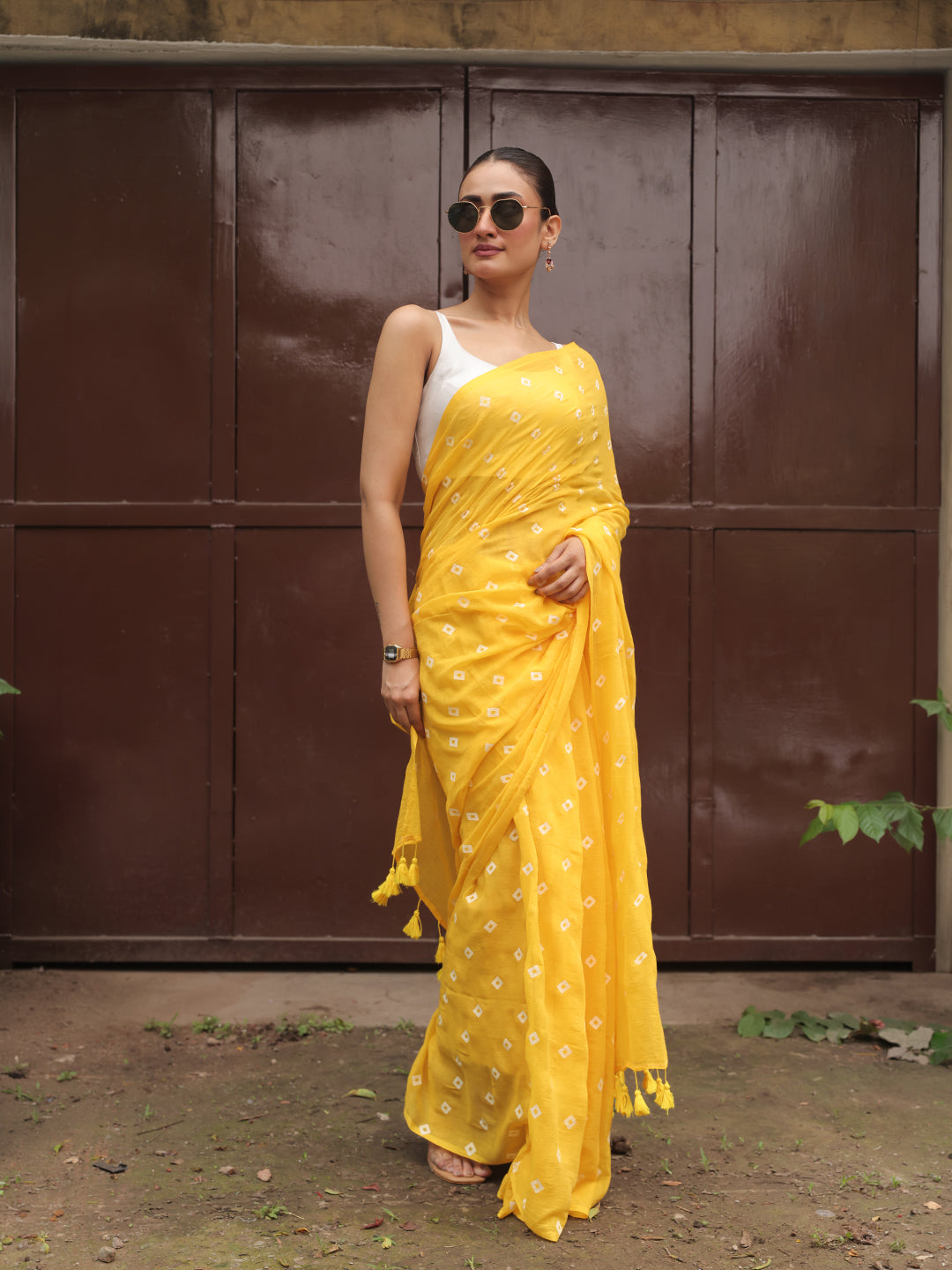 Yellow Mulmul Cotton Saree