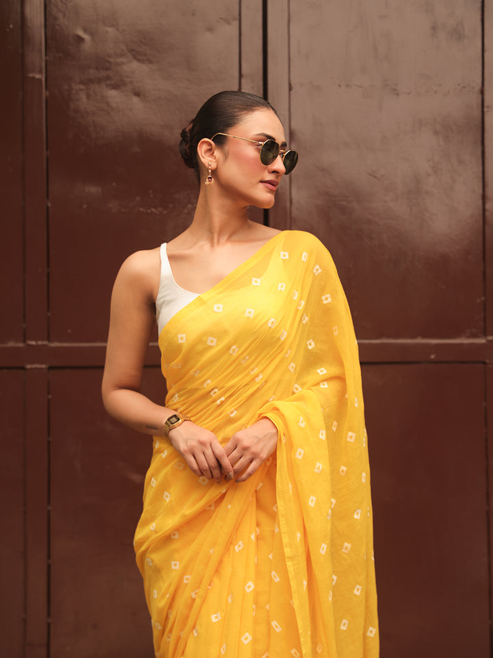 Yellow Mulmul Cotton Saree