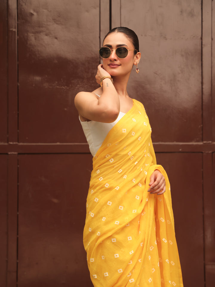 Yellow Mulmul Cotton Saree