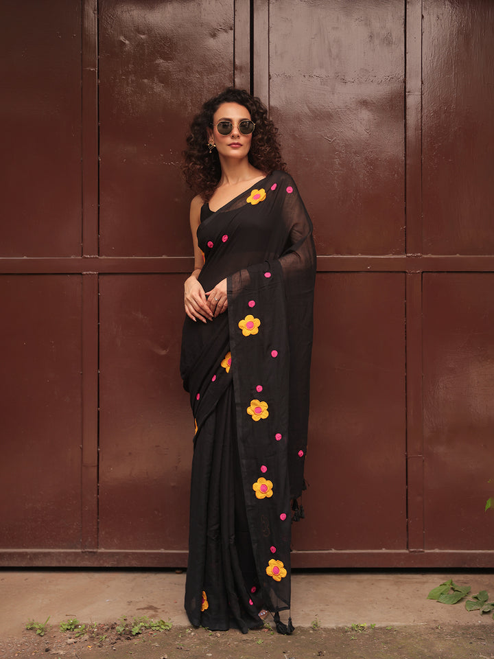 Black Mulmul Cotton Saree