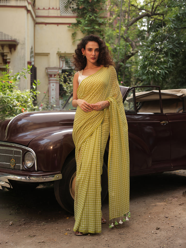 Gingham Check Green Mulmul Cotton Saree