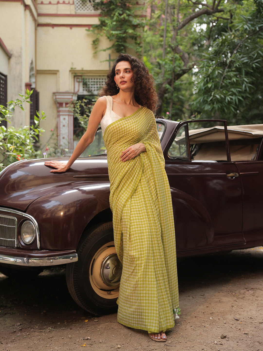 Gingham Check Green Mulmul Cotton Saree