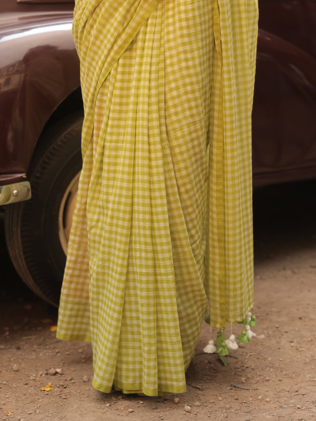 Gingham Check Green Mulmul Cotton Saree