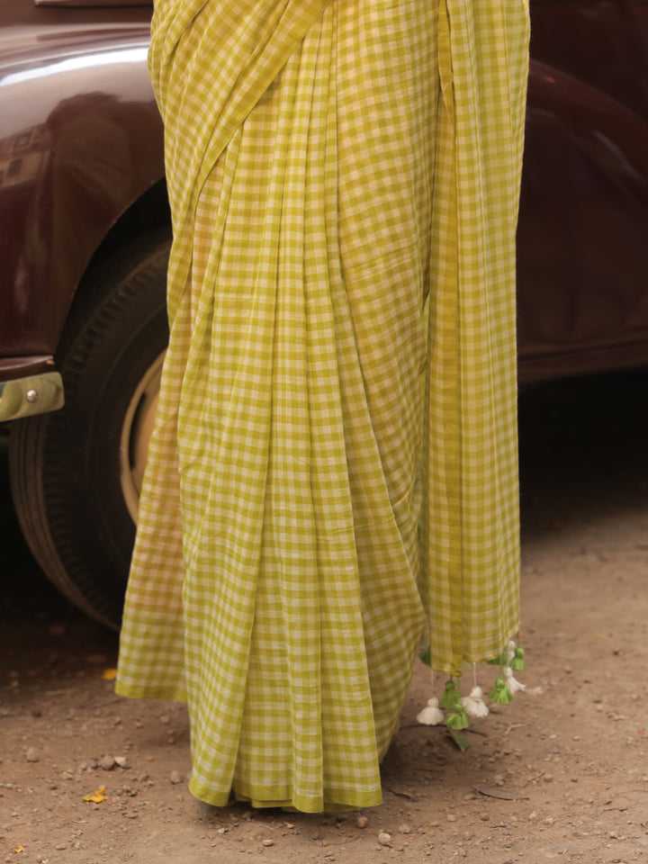 Gingham Check Green Mulmul Cotton Saree