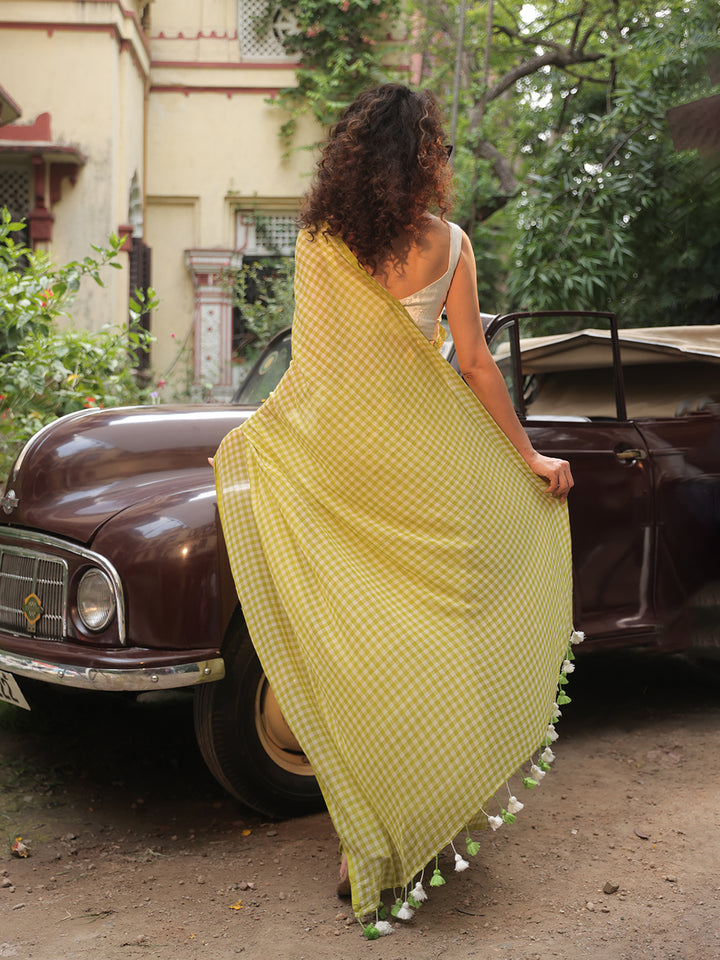 Gingham Check Green Mulmul Cotton Saree