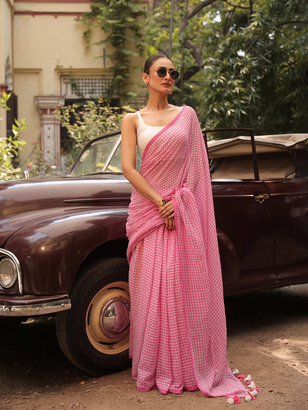 Gingham Check Pink Mulmul Cotton Saree