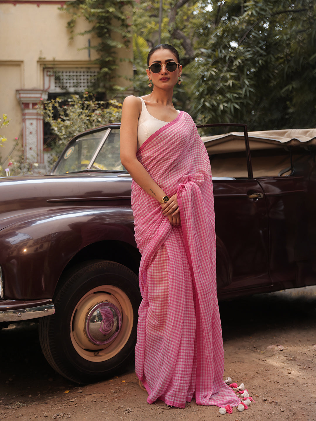 Gingham Check Pink Mulmul Cotton Saree