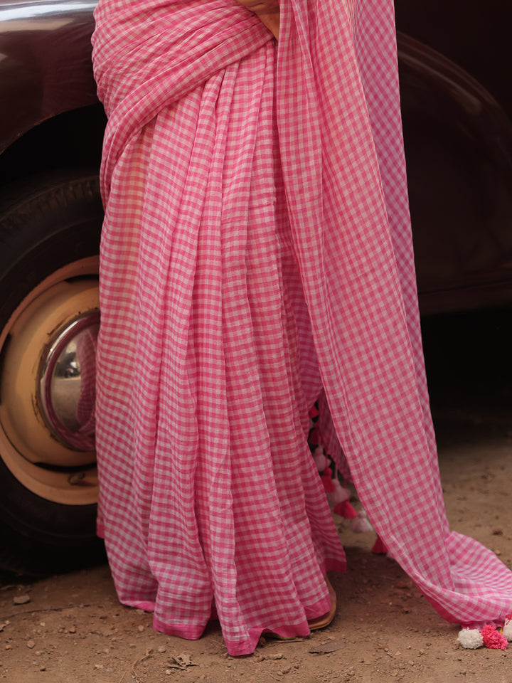 Gingham Check Pink Mulmul Cotton Saree