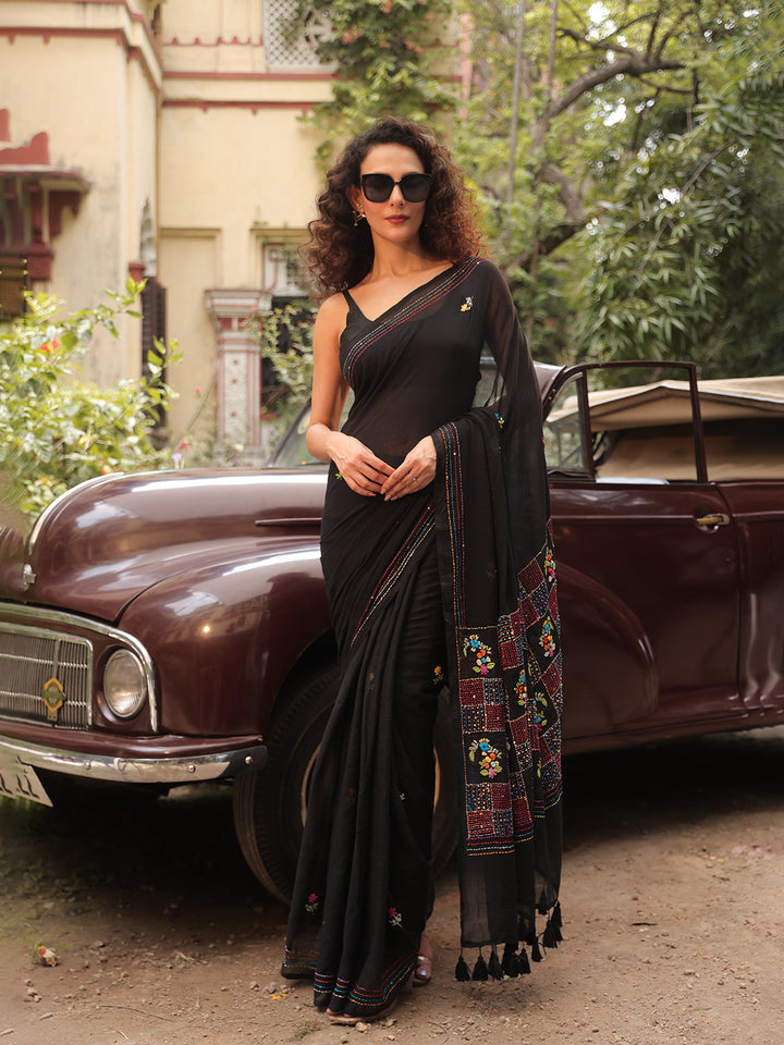 Hand Embroidered  Black Mulmul Cotton Saree
