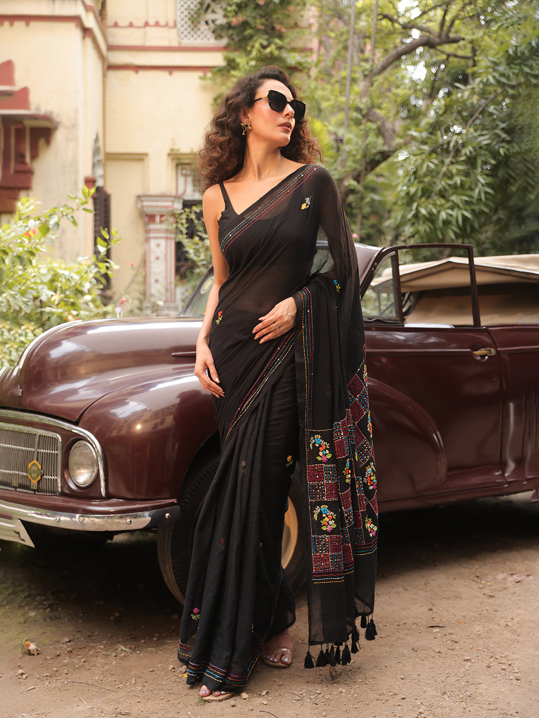 Hand Embroidered  Black Mulmul Cotton Saree