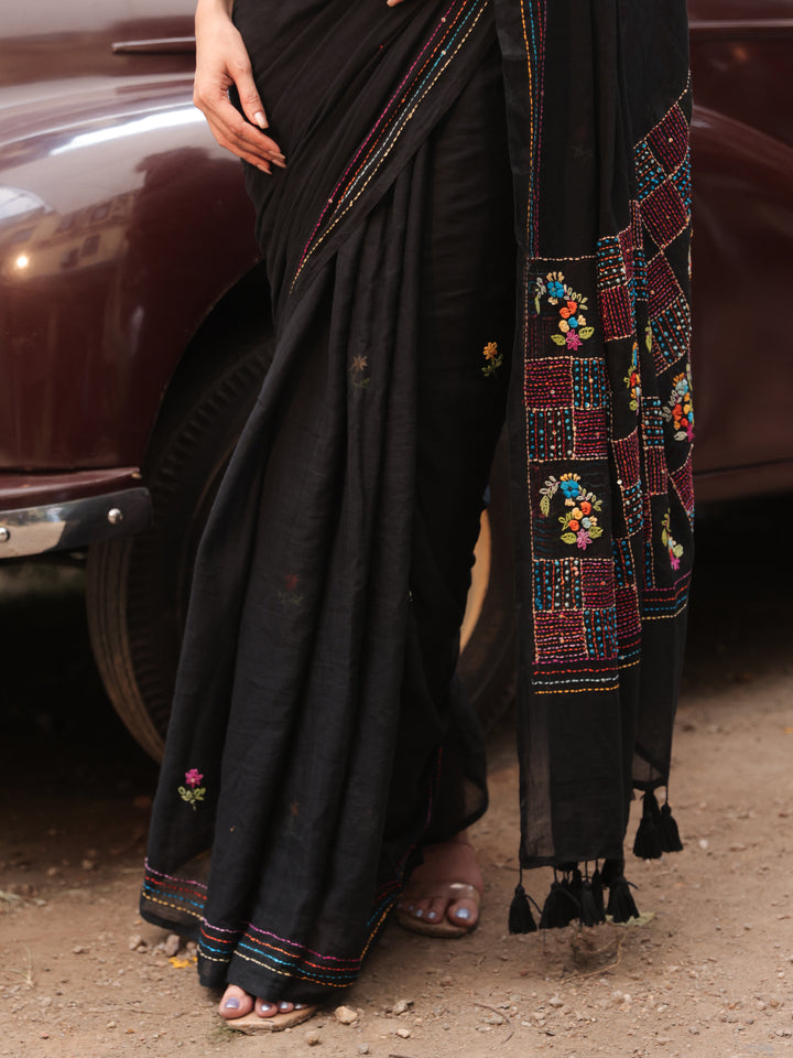 Hand Embroidered  Black Mulmul Cotton Saree