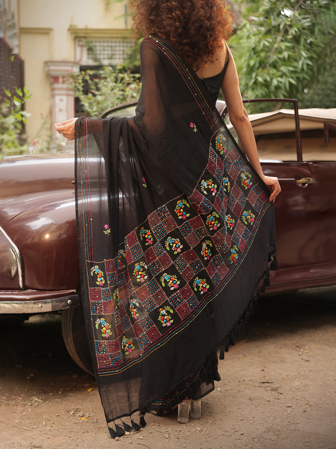Hand Embroidered  Black Mulmul Cotton Saree