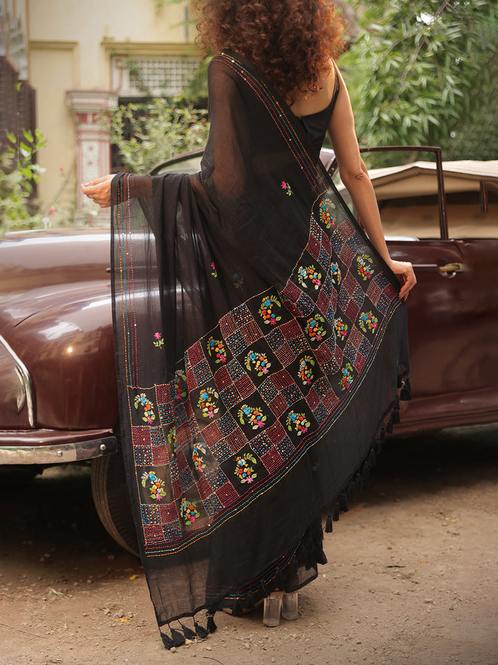 Hand Embroidered  Black Mulmul Cotton Saree