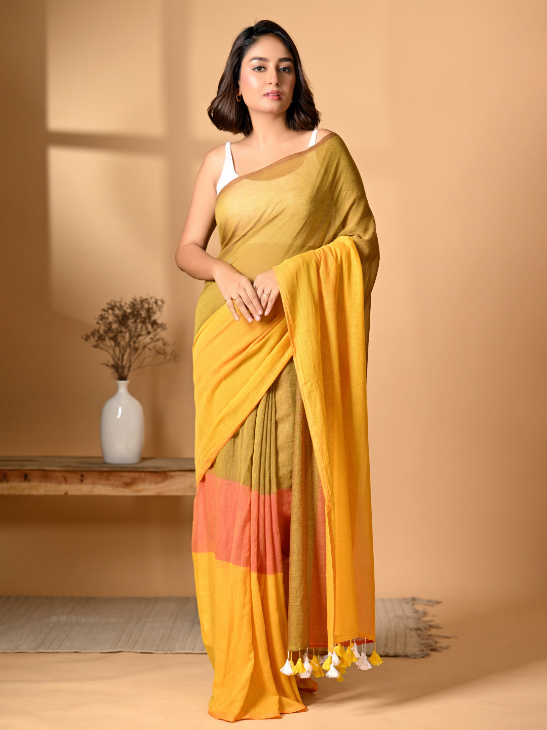 Yellow Mulmul Cotton Saree