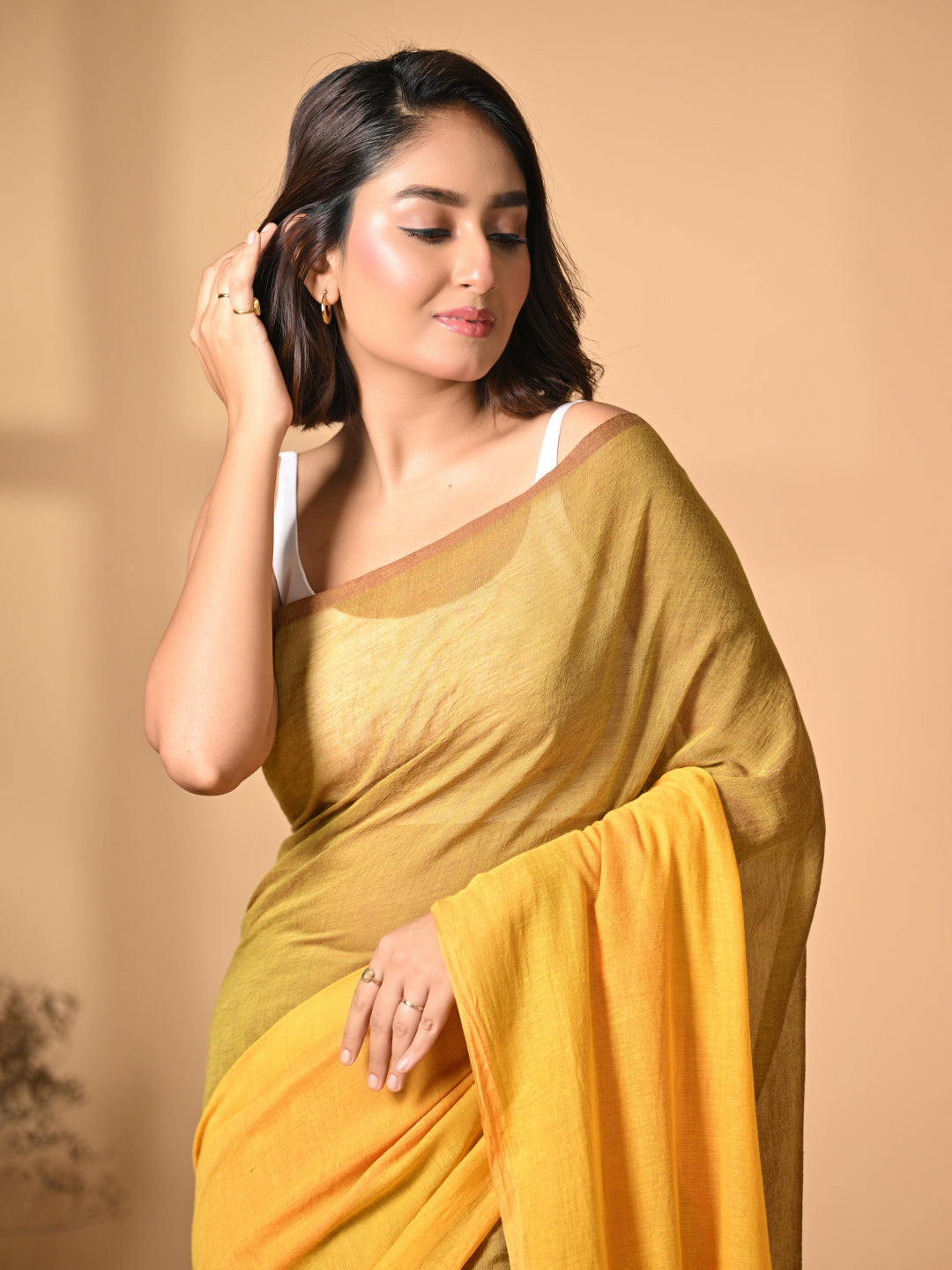 Yellow Mulmul Cotton Saree