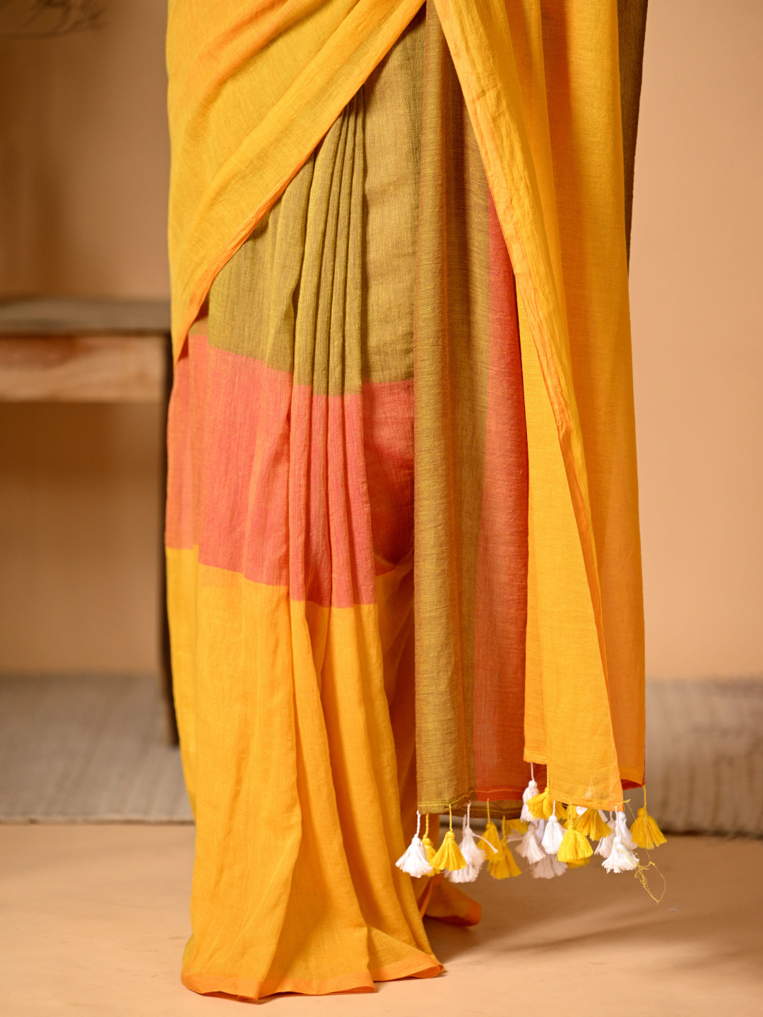 Yellow Mulmul Cotton Saree