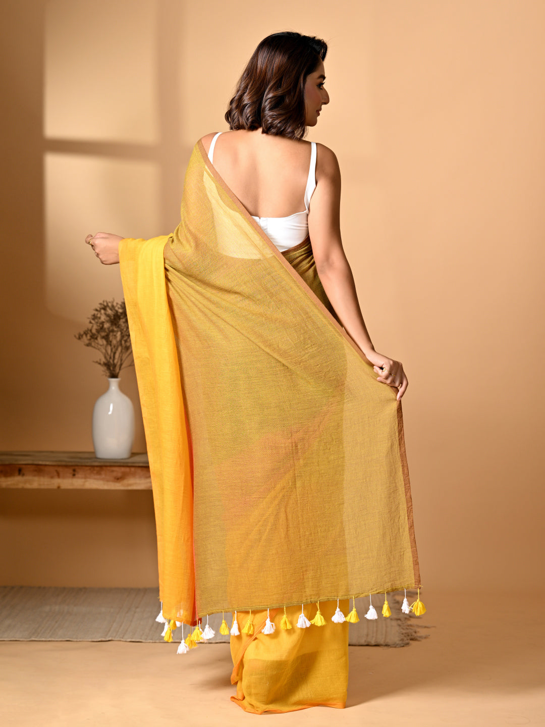 Yellow Mulmul Cotton Saree