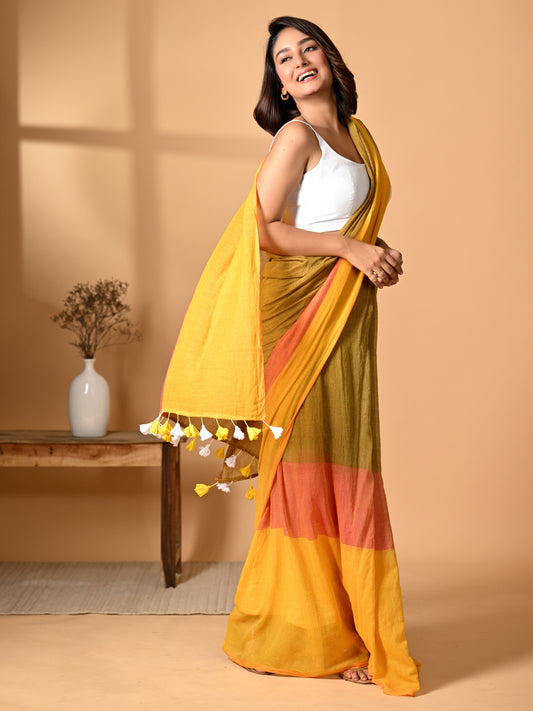 Yellow Mulmul Cotton Saree