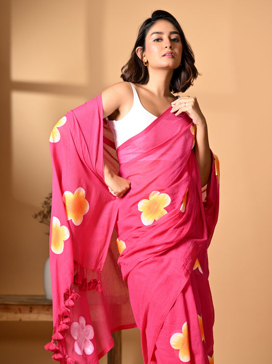 Hand Painted Pink Flower Mulmul Cotton Saree