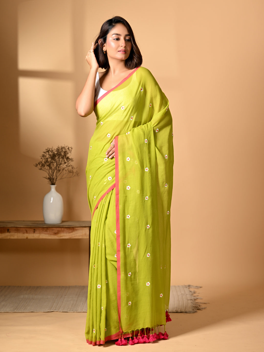 Green Pink Mulmul Cotton Saree