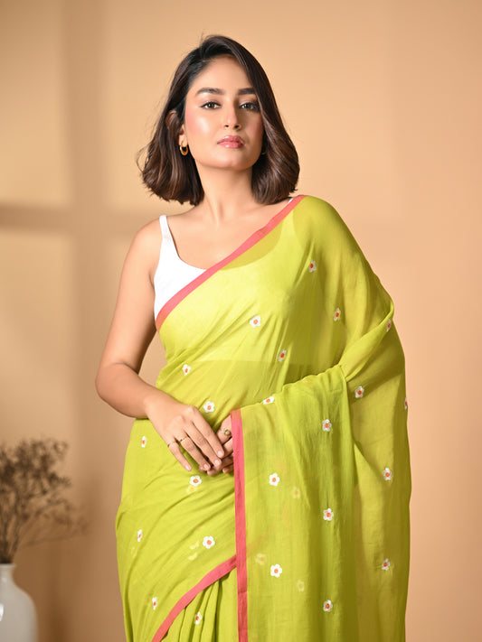 Green Pink Mulmul Cotton Saree