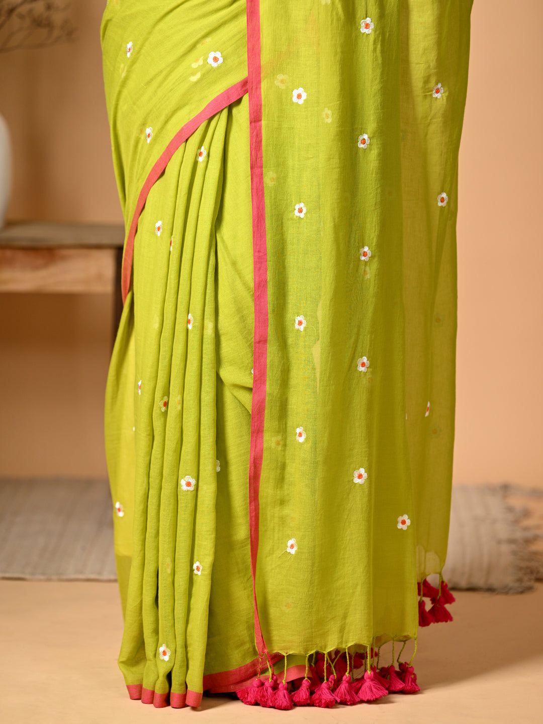 Green Pink Mulmul Cotton Saree