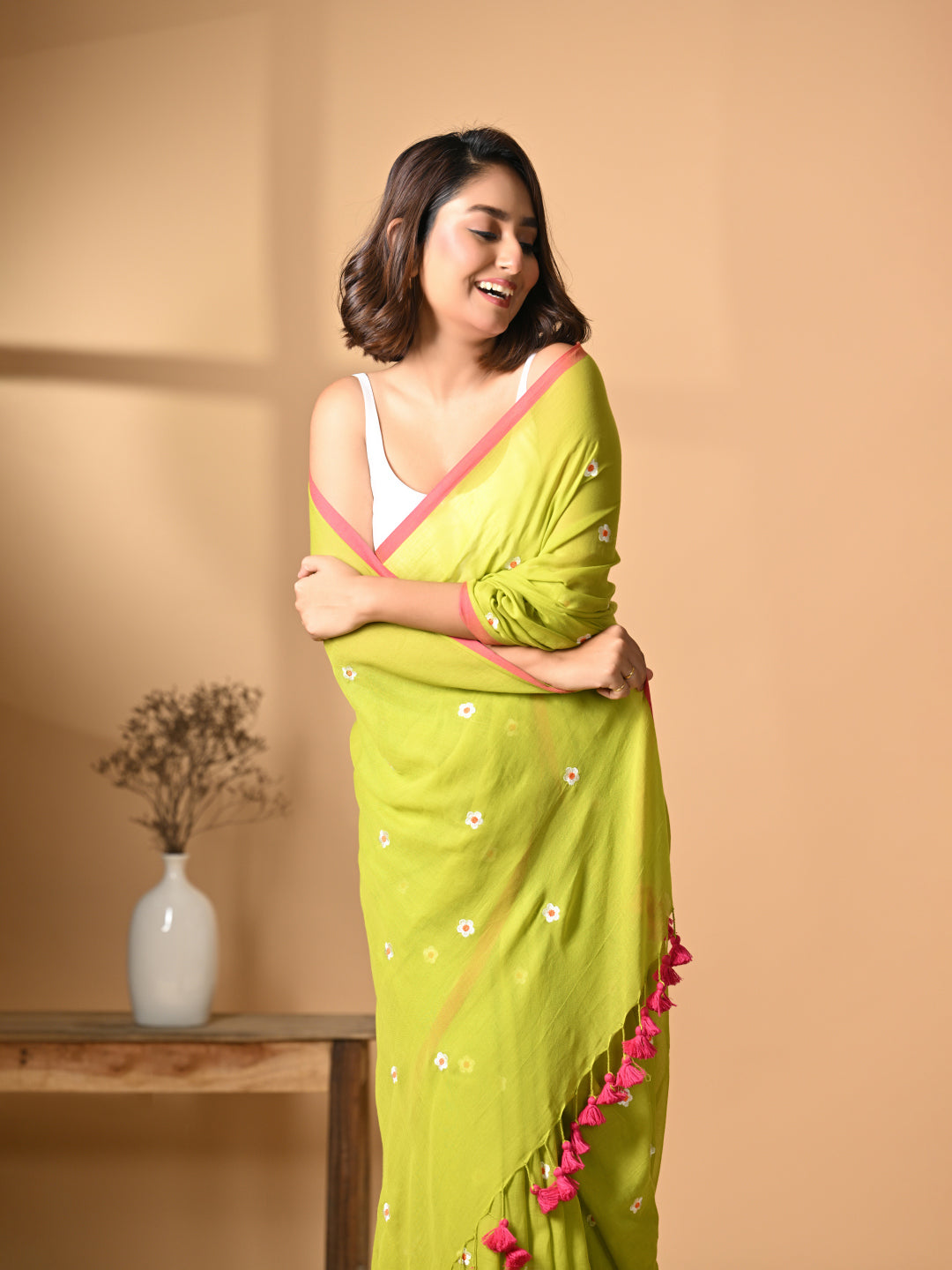 Green Pink Mulmul Cotton Saree