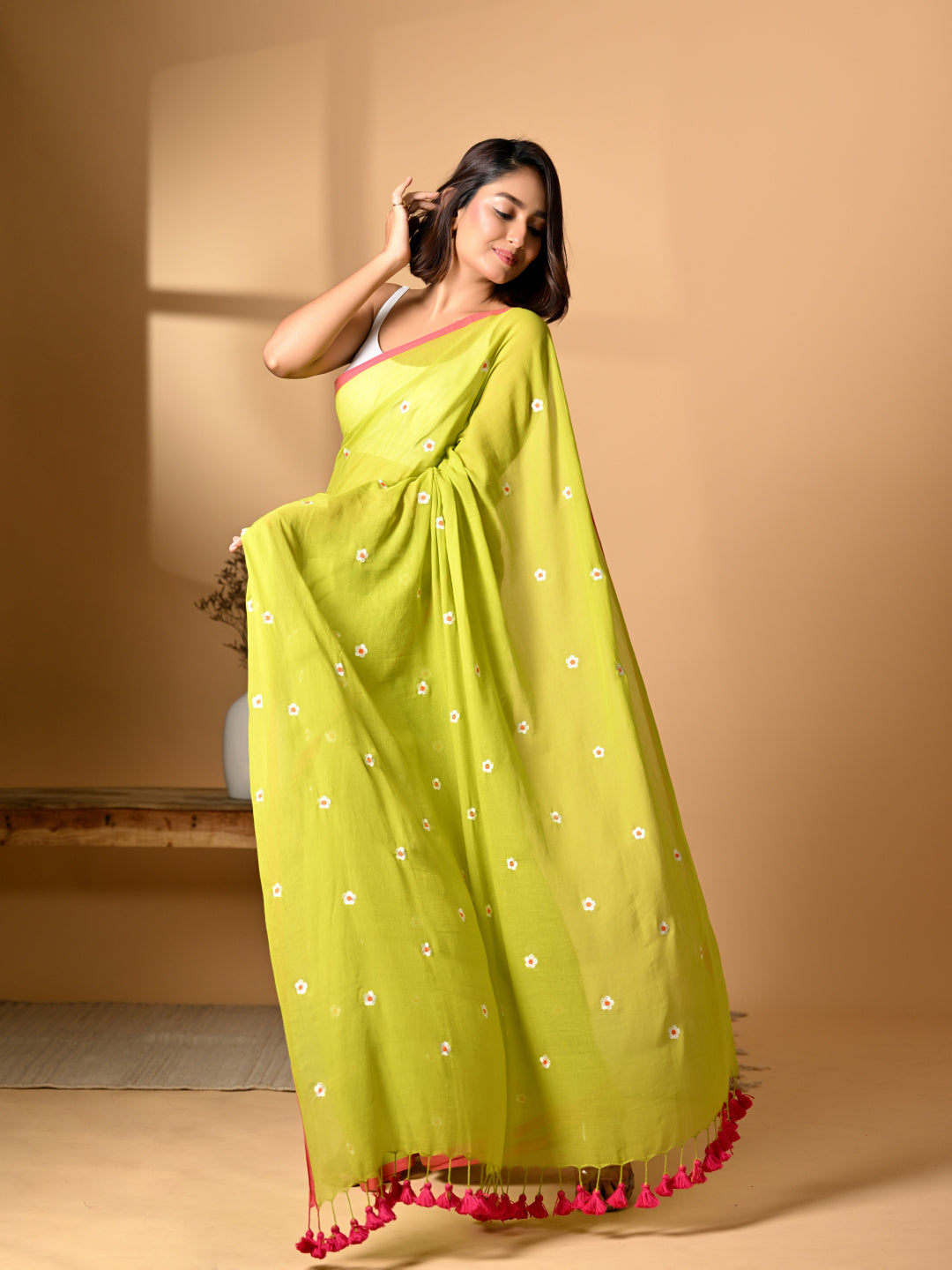 Green Pink Mulmul Cotton Saree