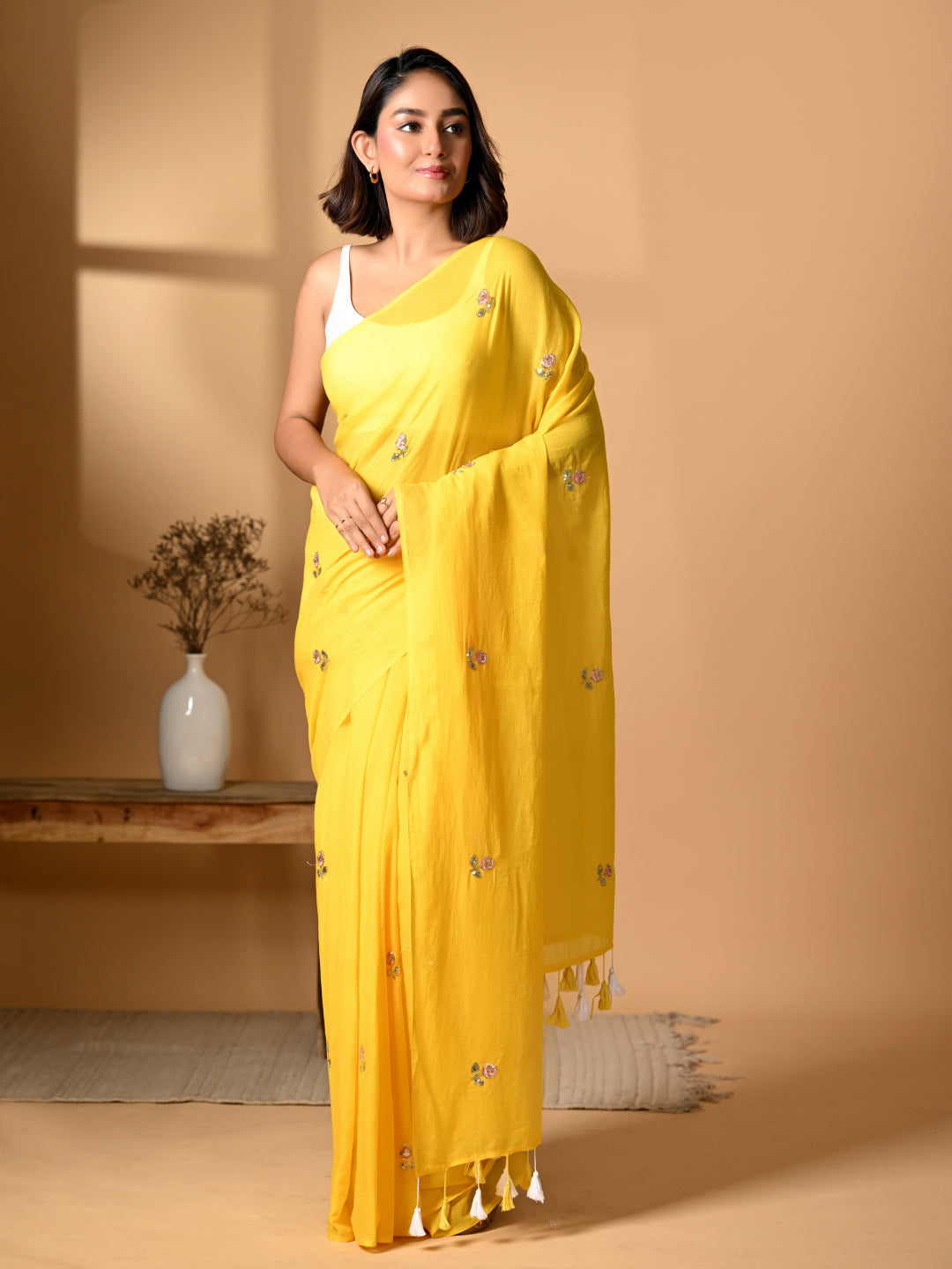 Yellow Rose Mulmul Cotton Saree